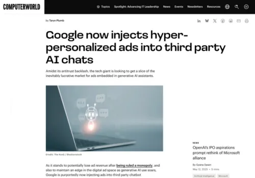Computerworld on Google placing ads into AI chats